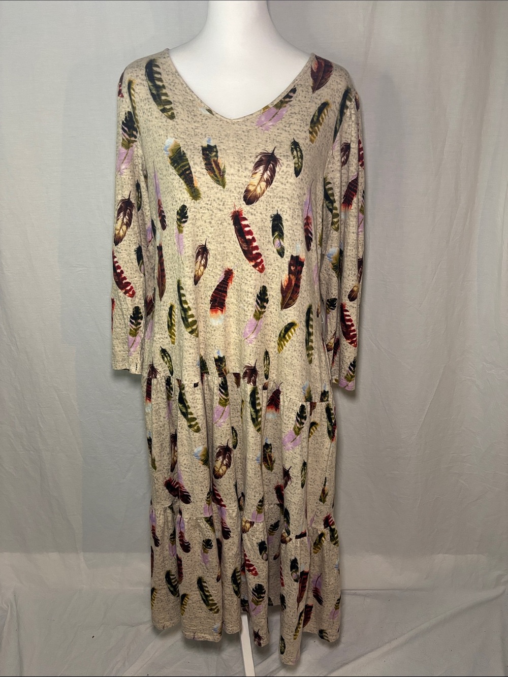 Cream Feather-Print Prairie Vibe Maxi Tiered Dress